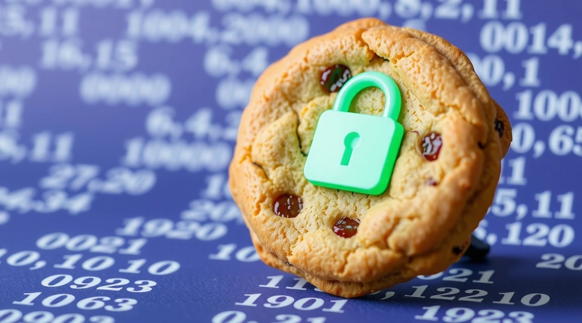 Ilustración de una galleta digital con candado de seguridad, representando la política de cookies y la privacidad en línea.