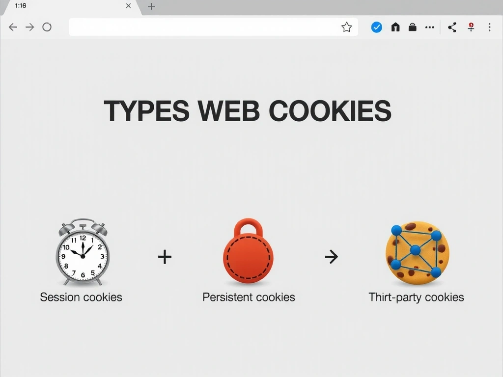 Representación visual de diferentes tipos de cookies en un navegador web, con iconos que simbolizan su función: sesión, persistente, de terceros.