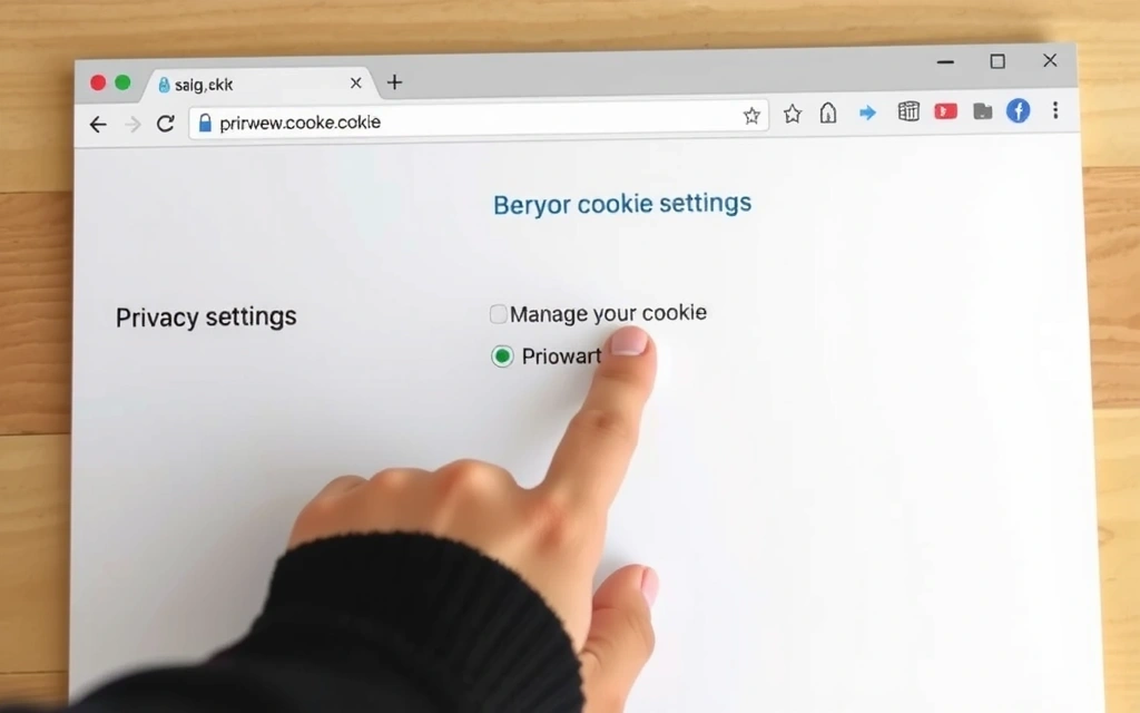 Una mano haciendo clic en un botón de configuración de privacidad en una pantalla de navegador, simbolizando la gestión de preferencias de cookies.